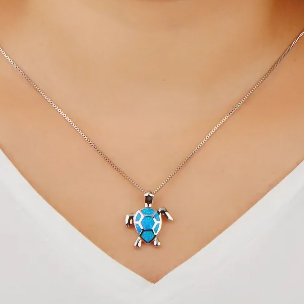 Blue Opal Turtle Pendant Necklace 925 Silver - Picture 5 of 16